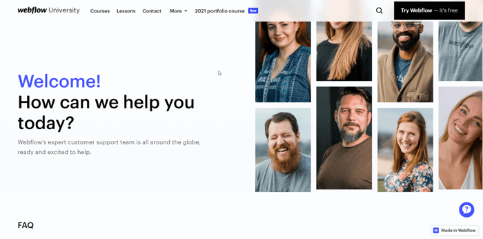 Webflow's support page