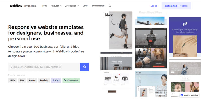 Webflow vs Squarespace: Webflow's templates page