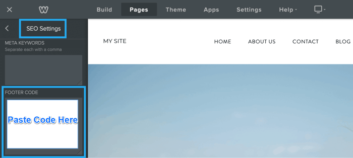 Before and after adding the DropInBlog code to the Footer Code field in Weebly