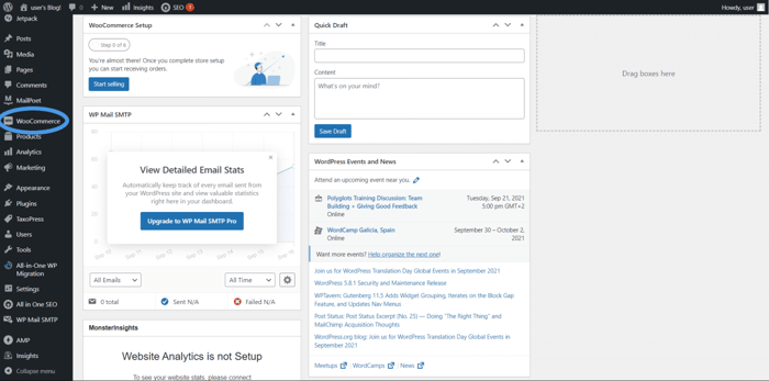WordPress WooCommerce dashboard