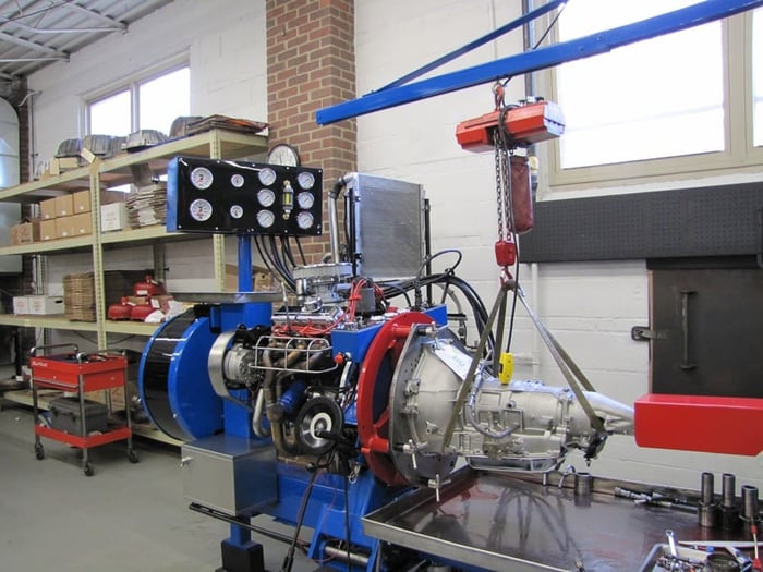 Gearstar transmission mounted on the shop engine dyno for testing before shipping