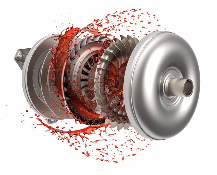 Torque converter cutaway showing the impeller, turbine and stator that multiply torque before lockup