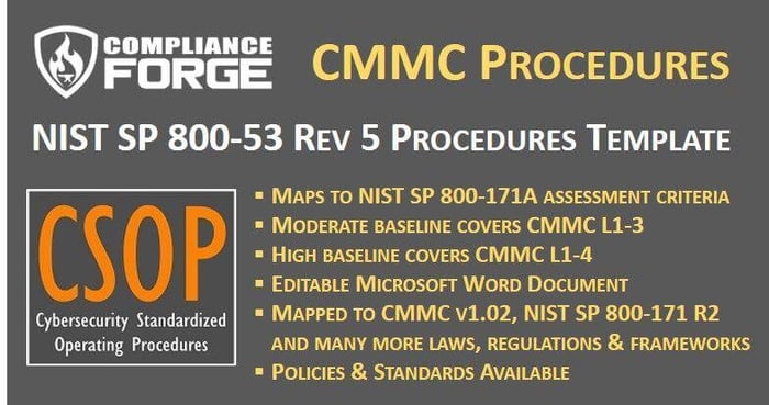 Cybersecurity documentation templates for CMMC compliance from ComplianceForge showcasing detailed procedures and policies.