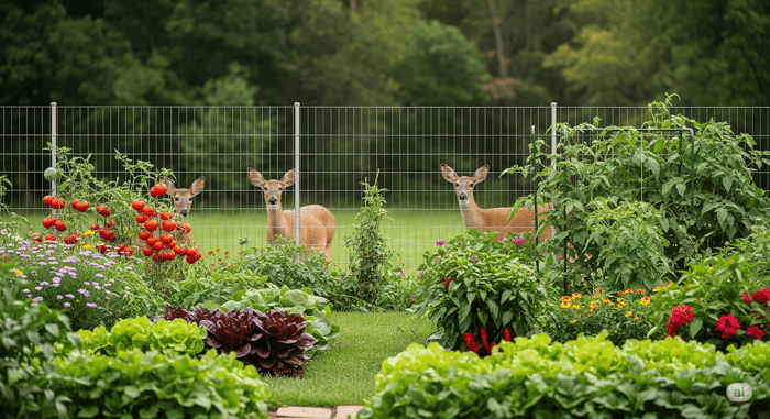 Alt text: A homesteading and gardening scene with thriving vegetables, raised beds, and protective fencing, with deer visible on the opposite side of the fence.