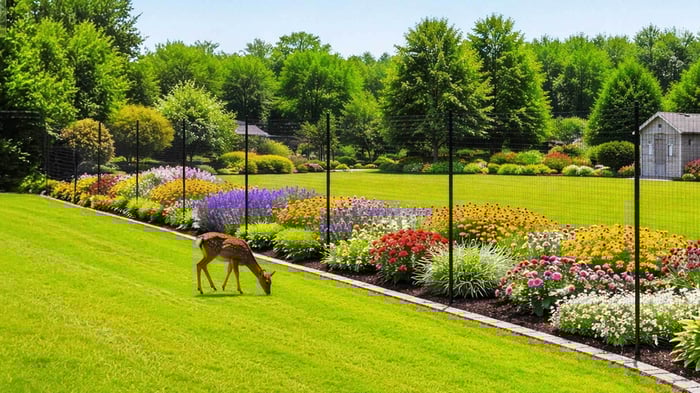 Deer fence protecting a pollinator garden from deer in a landscaped backyard with flower beds and perimeter fencing.