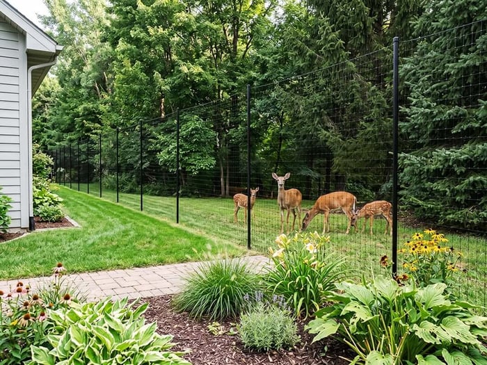 Family of deer on the outside of a tall, polypropylene deer fence.