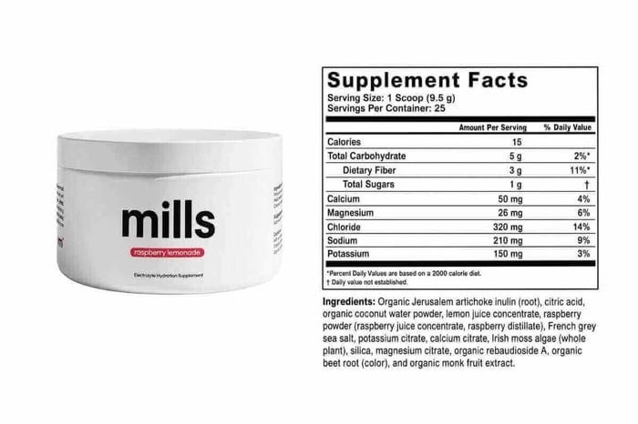 The Mills raspberry lemonade label and Supplement Facts panel listing every ingredient and amount.