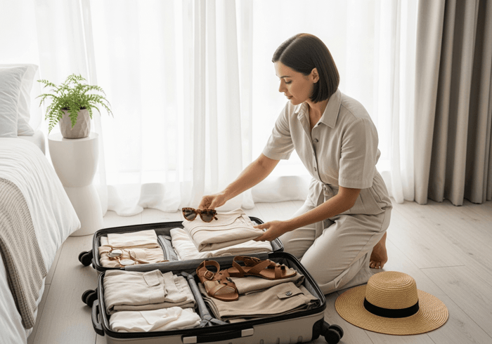 Woman demonstrating vacation packing tips and travel style essentials for summer vacation