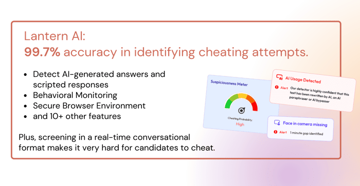 Lantern AI: one of the only HR Tools that can detect cheating attempt with 99.7% accuracy