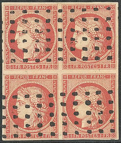un franc vermillon bloc de 4 exemplaires