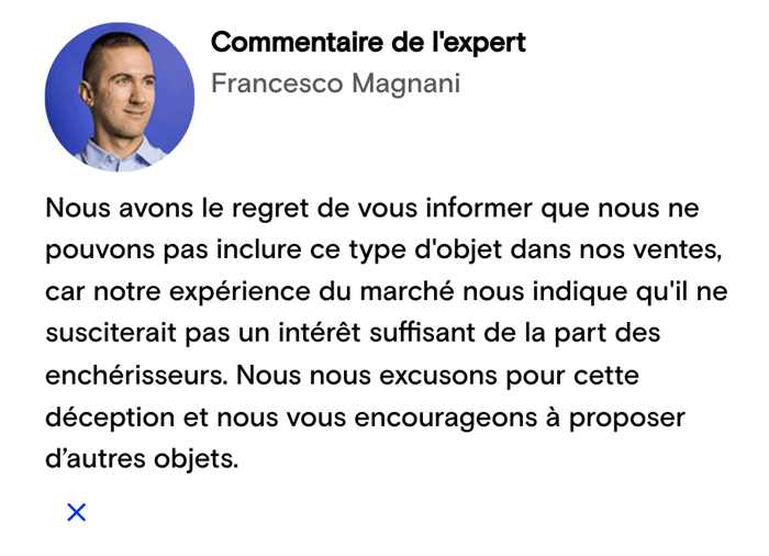 Message de Catawiki refus