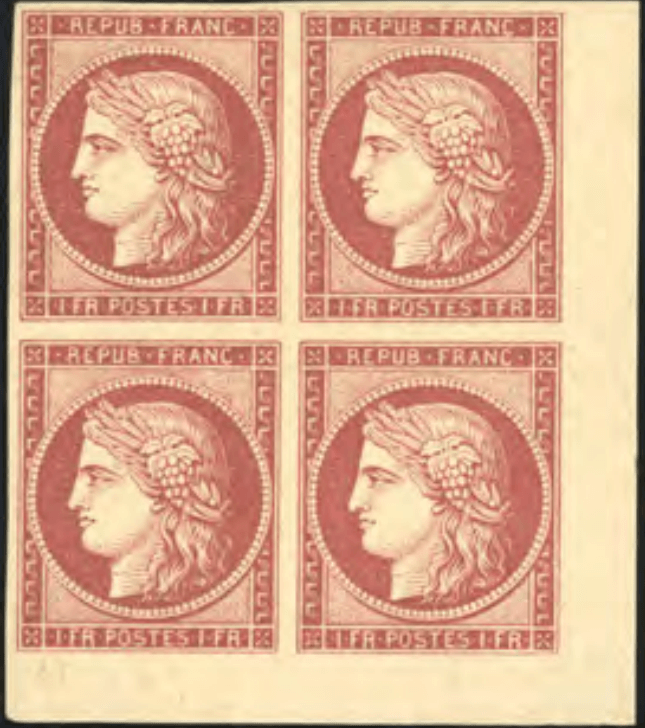 bloc de 4 exemplaires Cérès 1 franc carmin