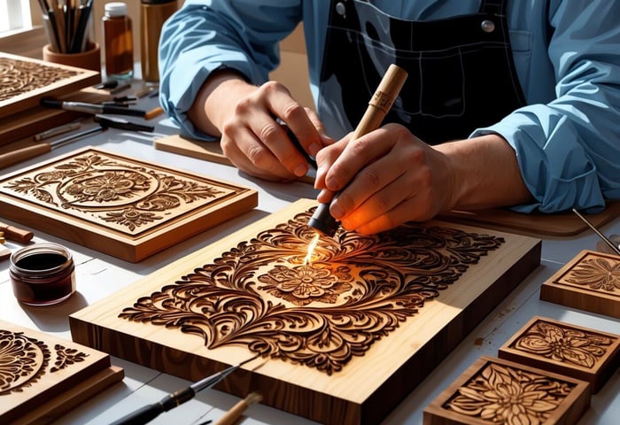 An artisan using a wood burning tool to create detailed designs on a wooden surface in a well-lit workspace.