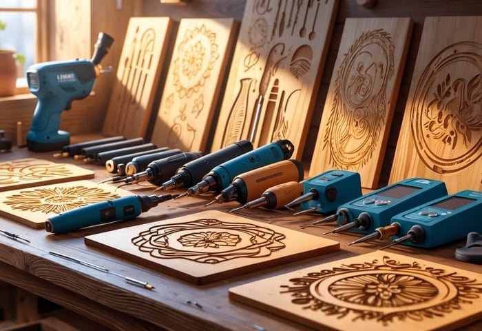A workbench with various wood burning tools, wooden panels with detailed designs, and a visual comparison of different wood burning brands in a workshop setting.