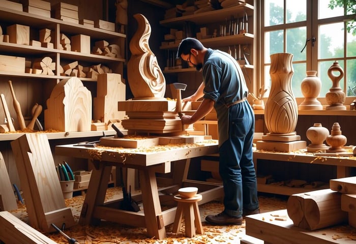 An artisan carving wood with hand tools at a workbench surrounded by wood pieces and tools in a workshop.
