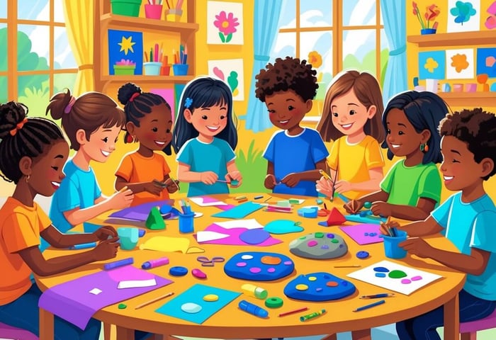 Children sitting around a table making various crafts with colorful art supplies in a bright classroom.