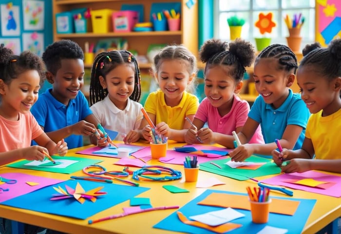 Children happily making crafts with colorful paper and art supplies at a classroom table.