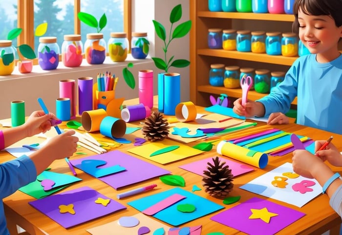 Children’s hands working on colorful DIY crafts with various materials on a wooden table in a well-lit room.