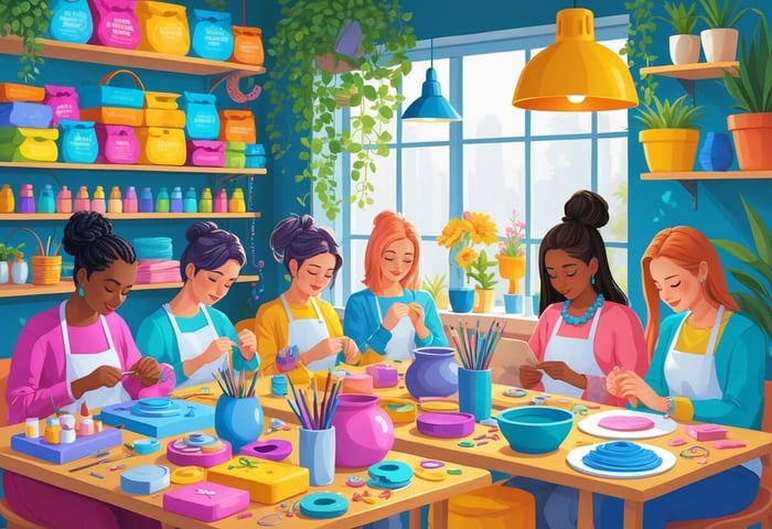 A bright creative workspace with people making crafts using various DIY kits surrounded by colorful materials and tools.