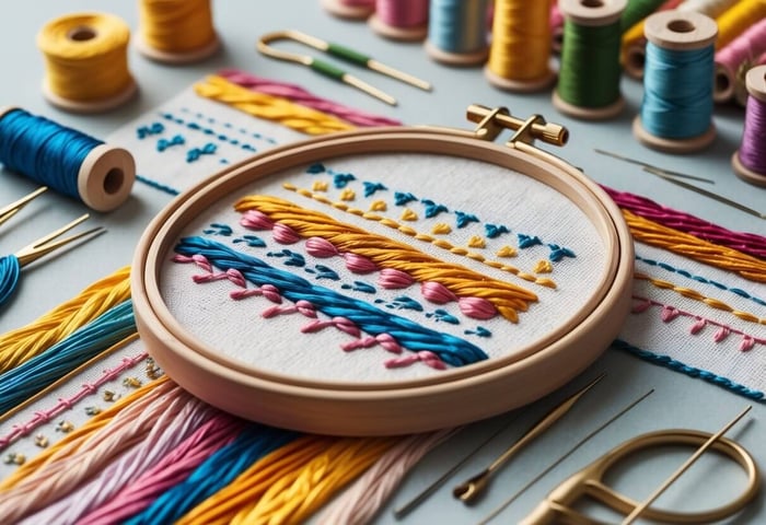 An embroidery hoop with colorful fabric showing various embroidery and cross-stitch stitches surrounded by threads, needles, scissors, and a pincushion.