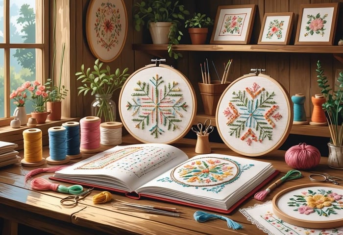 A crafting workspace with embroidery tools, threads, hoops with stitched patterns, and finished embroidered pieces displayed on shelves.