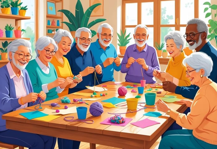 A group of senior adults happily doing various crafts together around a table in a bright room.