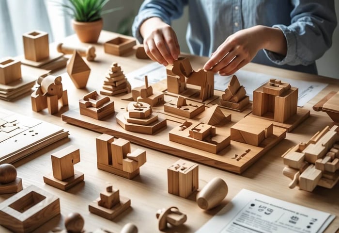 A variety of 3D wooden puzzles and tools arranged on a table with a person assembling a wooden puzzle piece.