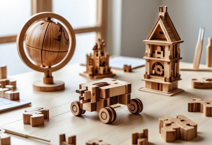 A table with various assembled 3D wooden puzzles and scattered puzzle pieces, showing detailed wooden models and tools used for assembly.