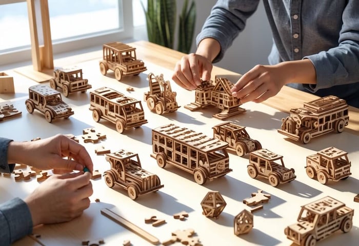 Hands assembling various 3D wooden puzzles on a table with different completed wooden models displayed nearby.