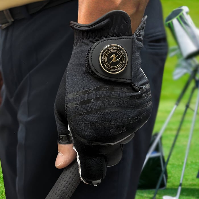 Senior golfer wearing a breathable, comfortable copper tech golf glove on the course