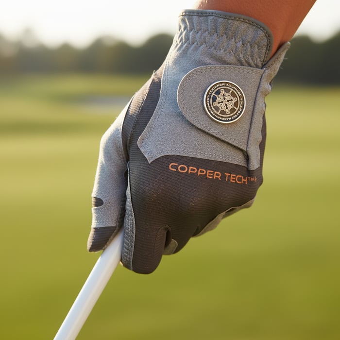 Close-up image of a golfer's hand wearing a Copper Tech compression glove, highlighting the seamless design and moisture-wicking material for preventing blisters and hand fatigue.