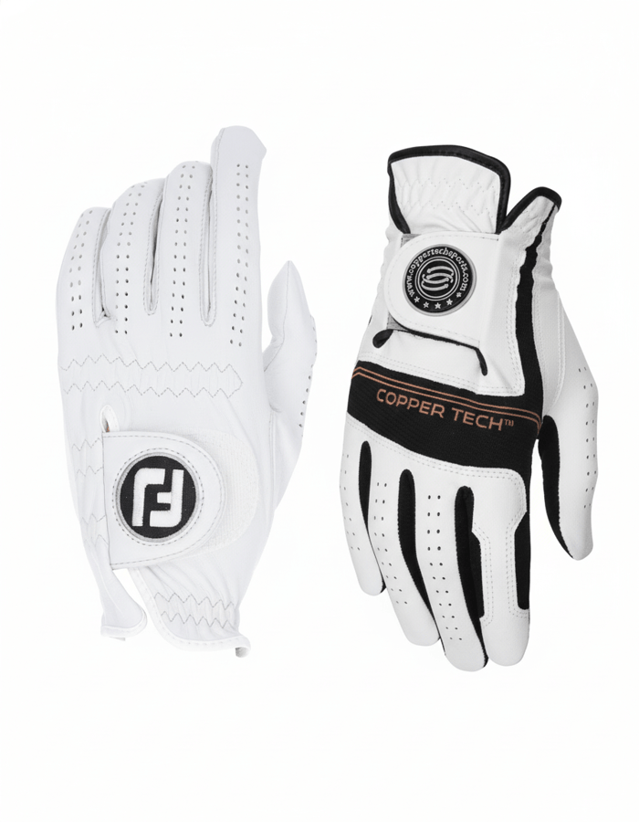 Side-by-side comparison of premium golf gloves resembling Copper Tech and FootJoy displayed under soft studio lighting.