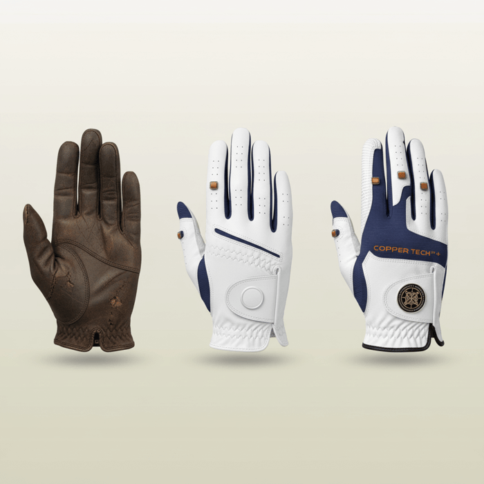 A visual timeline showing the evolution of golf gloves from worn leather designs to modern Copper Tech gloves made with copper-infused, high-performance materials.