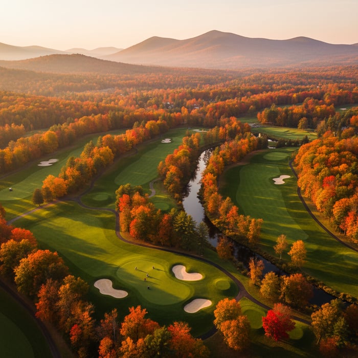 Scenic U.S. golf course in autumn with colorful fall foliage, rolling fairways, and clear skies — one of the best fall golf destinations in the U.S.