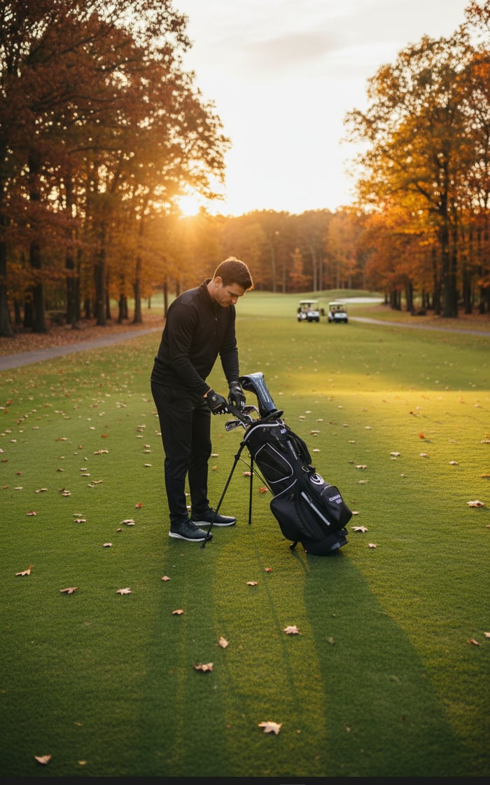 Golfer wearing Copper Tech gloves on a fall golf course, showcasing the best fall golf gear for 2025