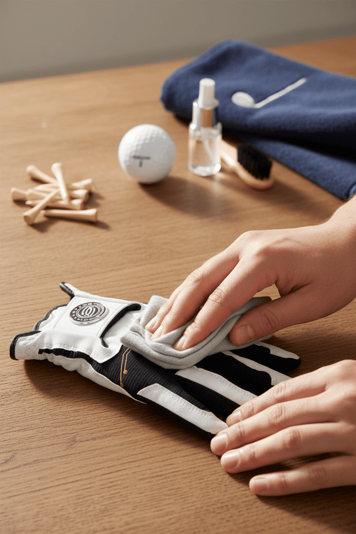 Person cleaning a white golf glove with a soft cloth on a wooden table, surrounded by golf accessories like tees, a golf ball, brush, and towel