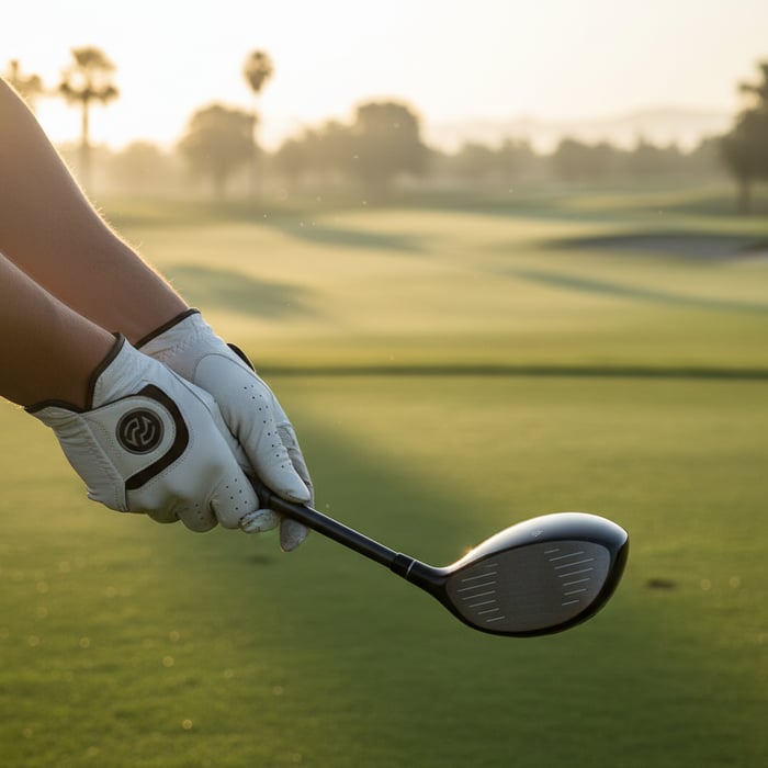 Golfer adjusting grip on driver to fix slice during early morning round on golf course.