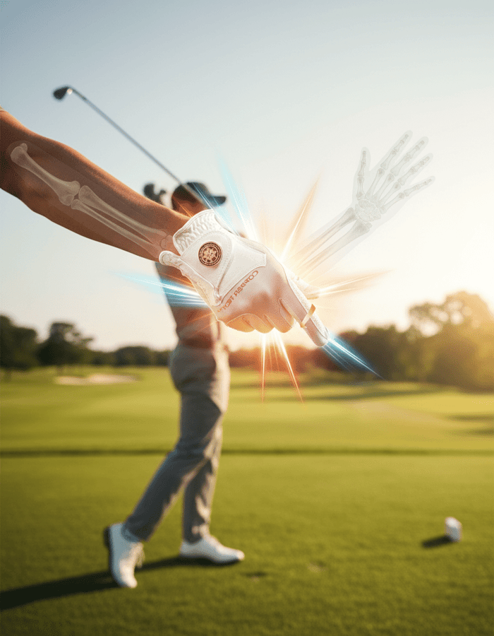 Golfer mid-swing wearing a Copper Tech glove with glowing wrist support and skeletal overlay, symbolizing injury prevention and protection on the course.