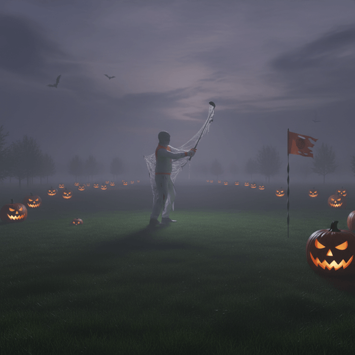 Golfer swinging at night surrounded by glowing jack-o-lanterns on a foggy Halloween golf course