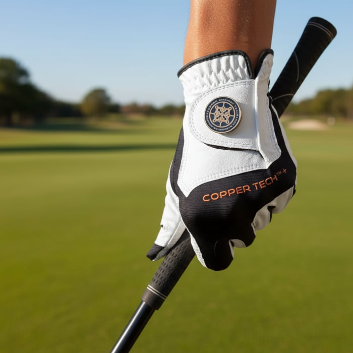 A close-up of a golfer’s hand wearing a premium copper-infused golf glove, gripping a driver on the tee box under warm sunlight. The glove fits snugly, showing fine stitching and high-quality material. Background slightly blurred with a lush green fa