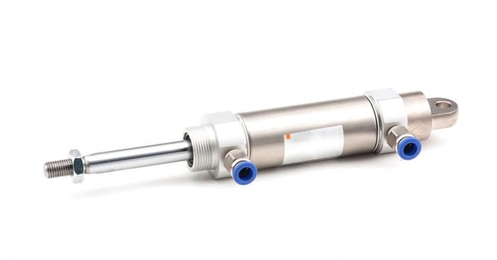 A silver air cylinder with a long nozzle and two circular valves with blue rims on a white background.