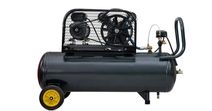 A portable horizontal air compressor with a black storage tank, belt-driven motor, protective guard, and yellow wheels.