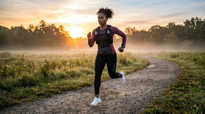 Trail runner wearing a minimalist hydration vest, highlighting lightweight and functional accessories for runners