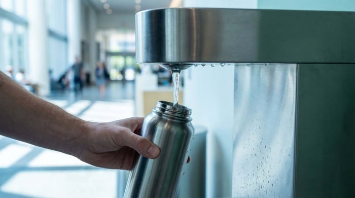 Refilling a collapsible soft flask during a run, highlighting essential hydration accessories for runners