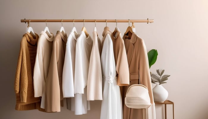Curated capsule wardrobe on clothing rack with beige, charcoal, and white tones