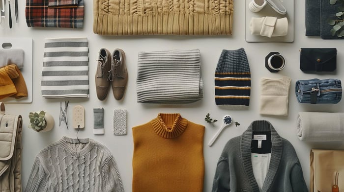 Fall curated capsule wardrobe flat lay with warm layers and sustainable fabrics
