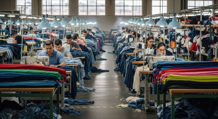 Garment workers sewing fair trade clothing in an ethical production facility