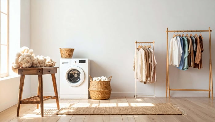 Minimalist laundry setup with Lyocell and cotton clothing neatly folded