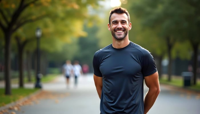 Man wearing athletic fit shirt representing tight fitting shirts designed for movement, comfort, and modern style.