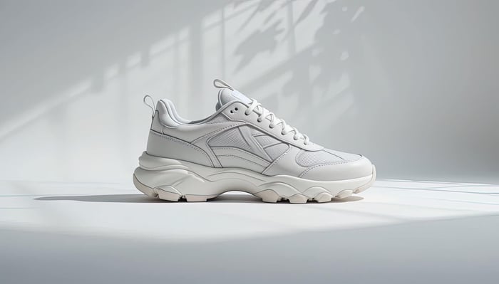 Millennial-style chunky sneaker in minimalist neutral streetwear design.